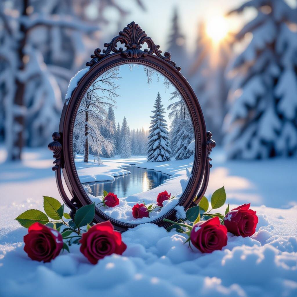 Hyperrealistic Mirror with Roses in Ice Cubes