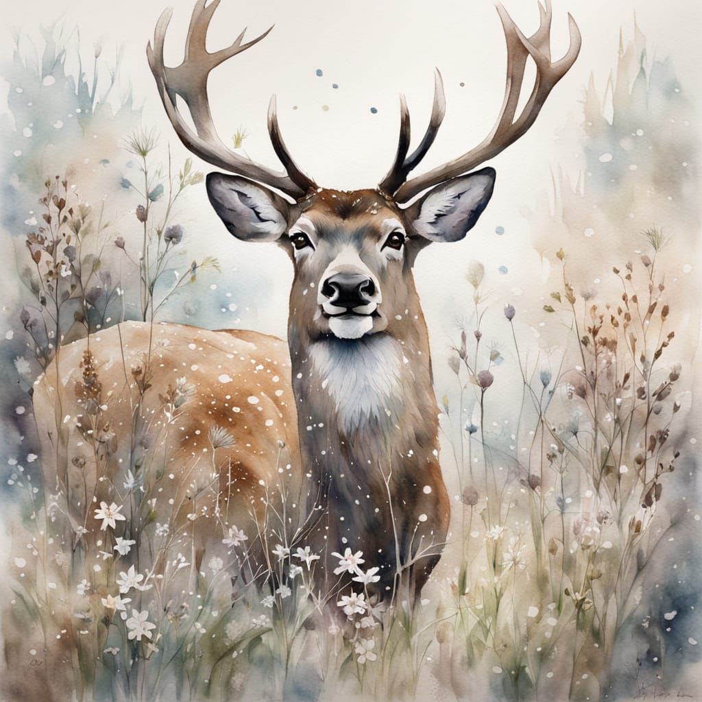 Serene Watercolor Deer in Snowy Wildflowers