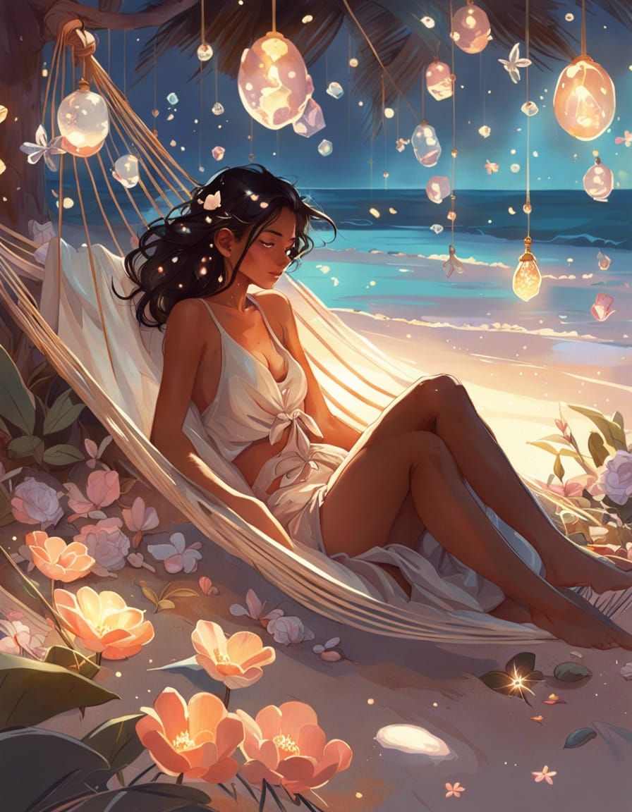Dreamy Island Beach Sunset in Digital Art Style