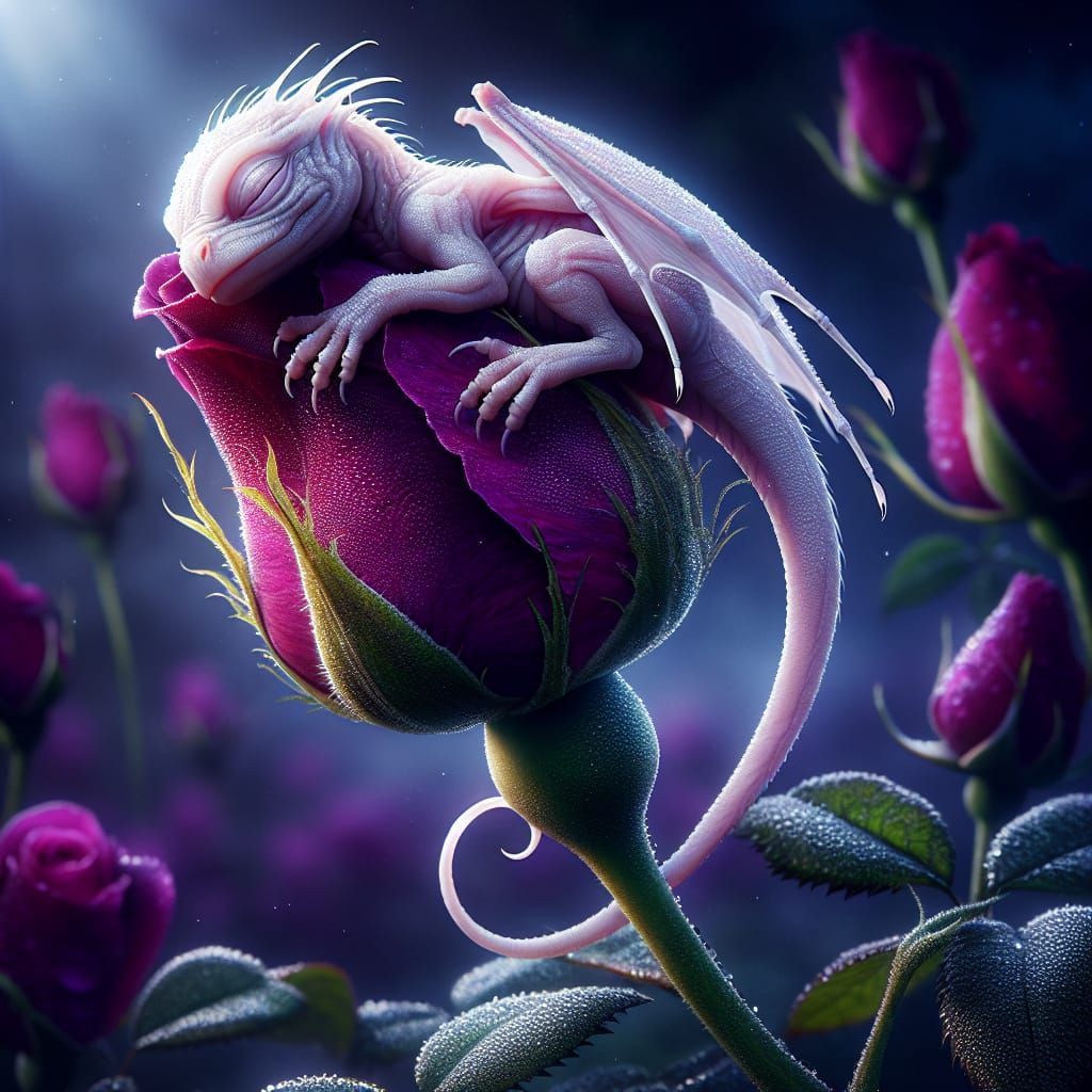 Albino Dragon Sleeping on Purple Rosebud