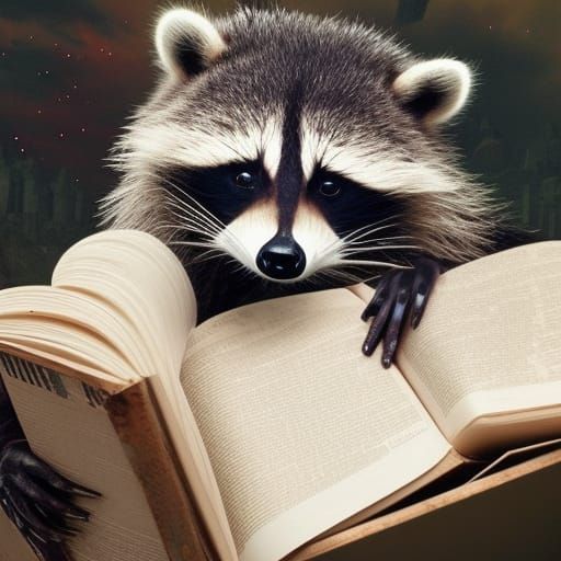 Cute Raccoon Reads Book in Trash Bin