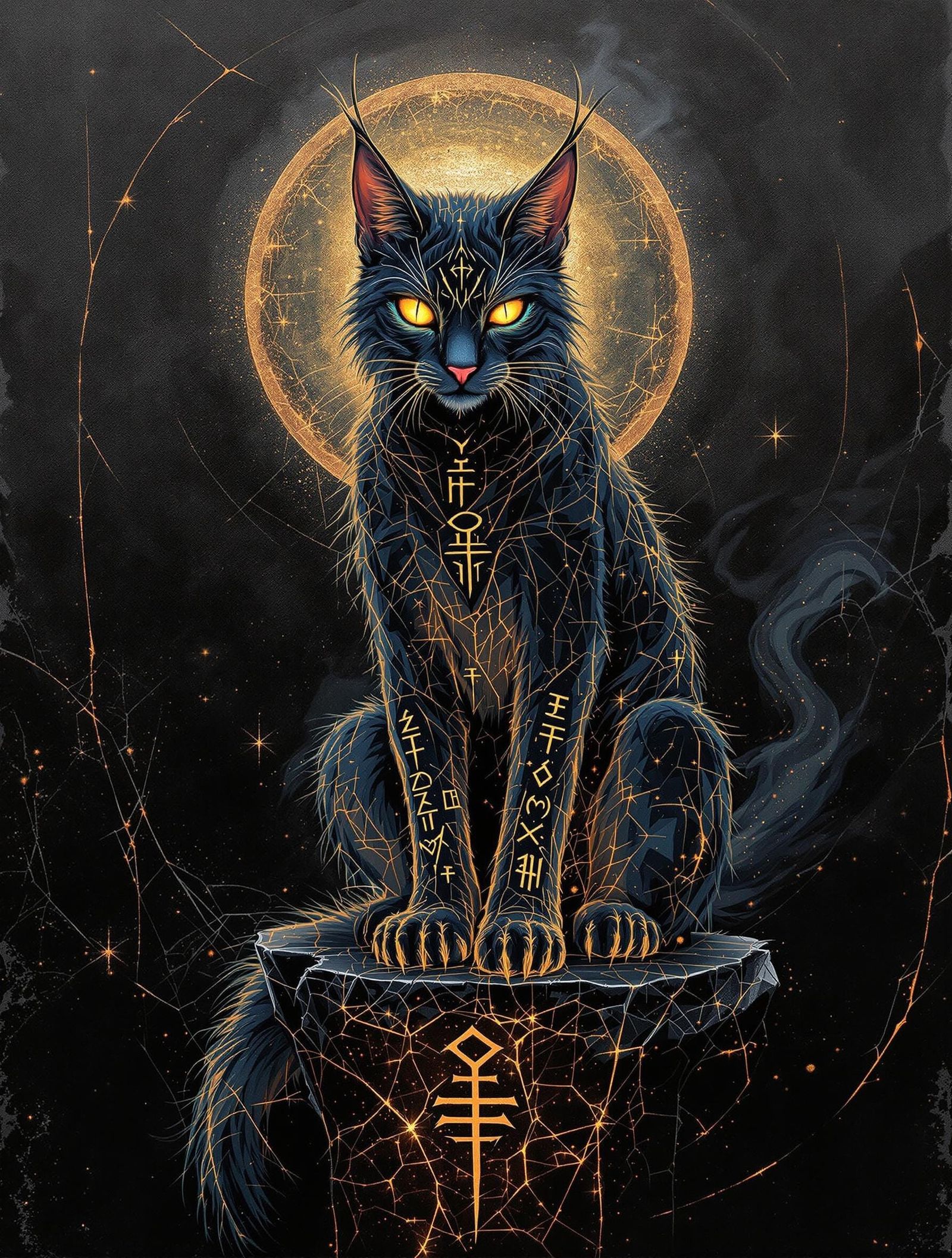 Spectral Lynx on Obsidian Altar as Impasto Painting