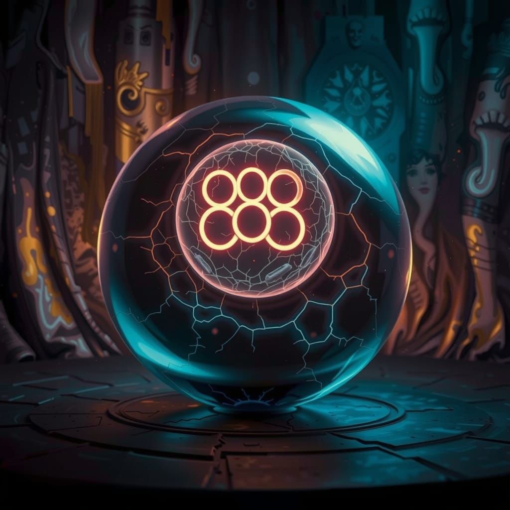 Close-up of a worn, vintage Magic 8-Ball's orb,