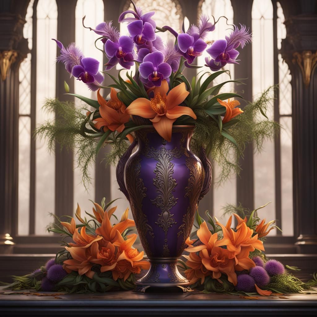 Ornate Vase with Orchids and Thistles, Digital Art
