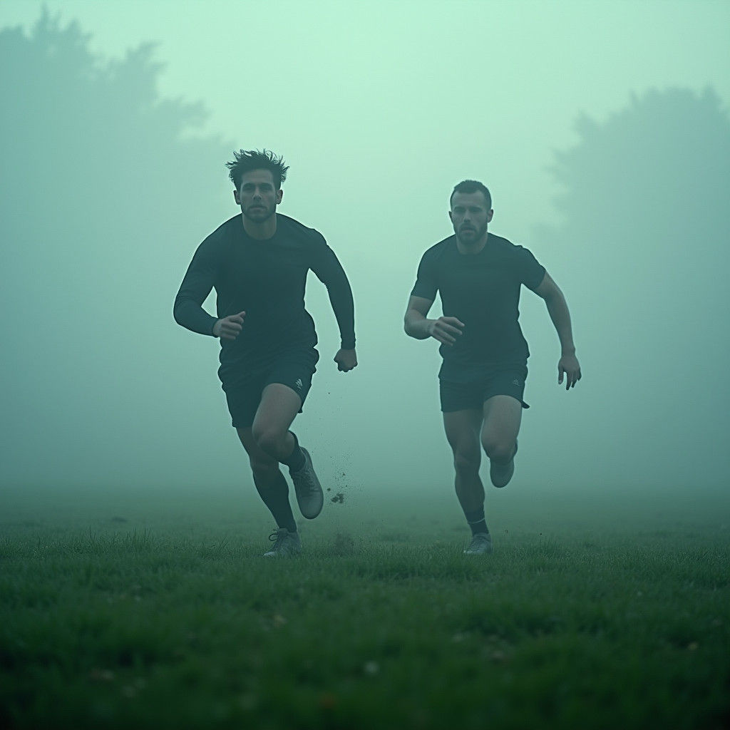 Rugby Players in Misty Field: Cinematic Film Still