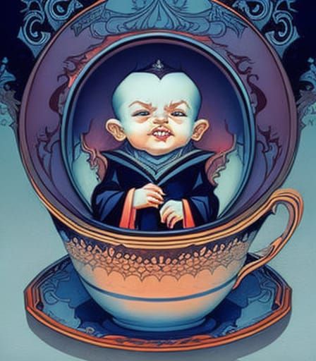 Vampire Babies in Teacup: A Whimsical Illustration