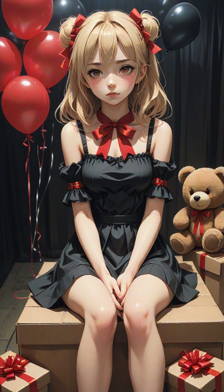 Anime Girl in Cardboard Box with Roses and Teddy Bear
