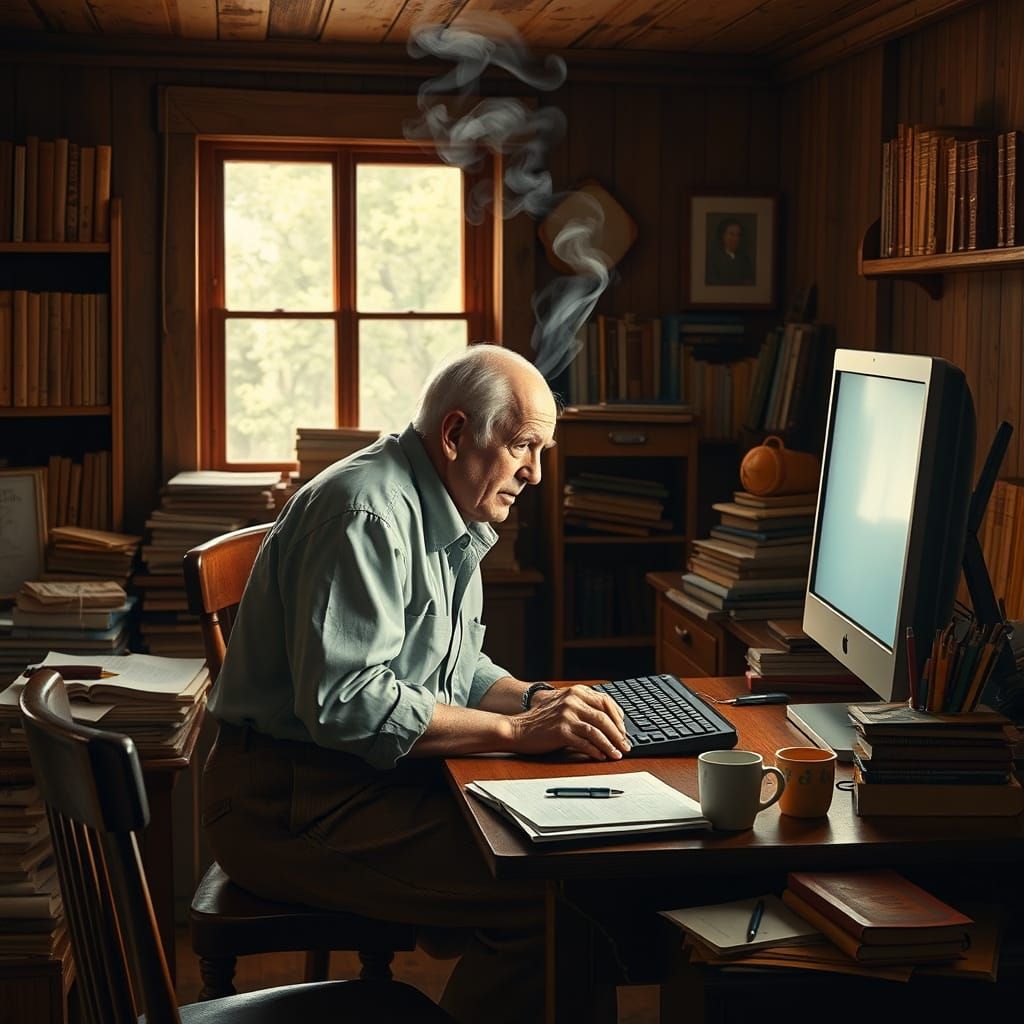 Cozy Workroom with Overheated Man, Rockwell Style