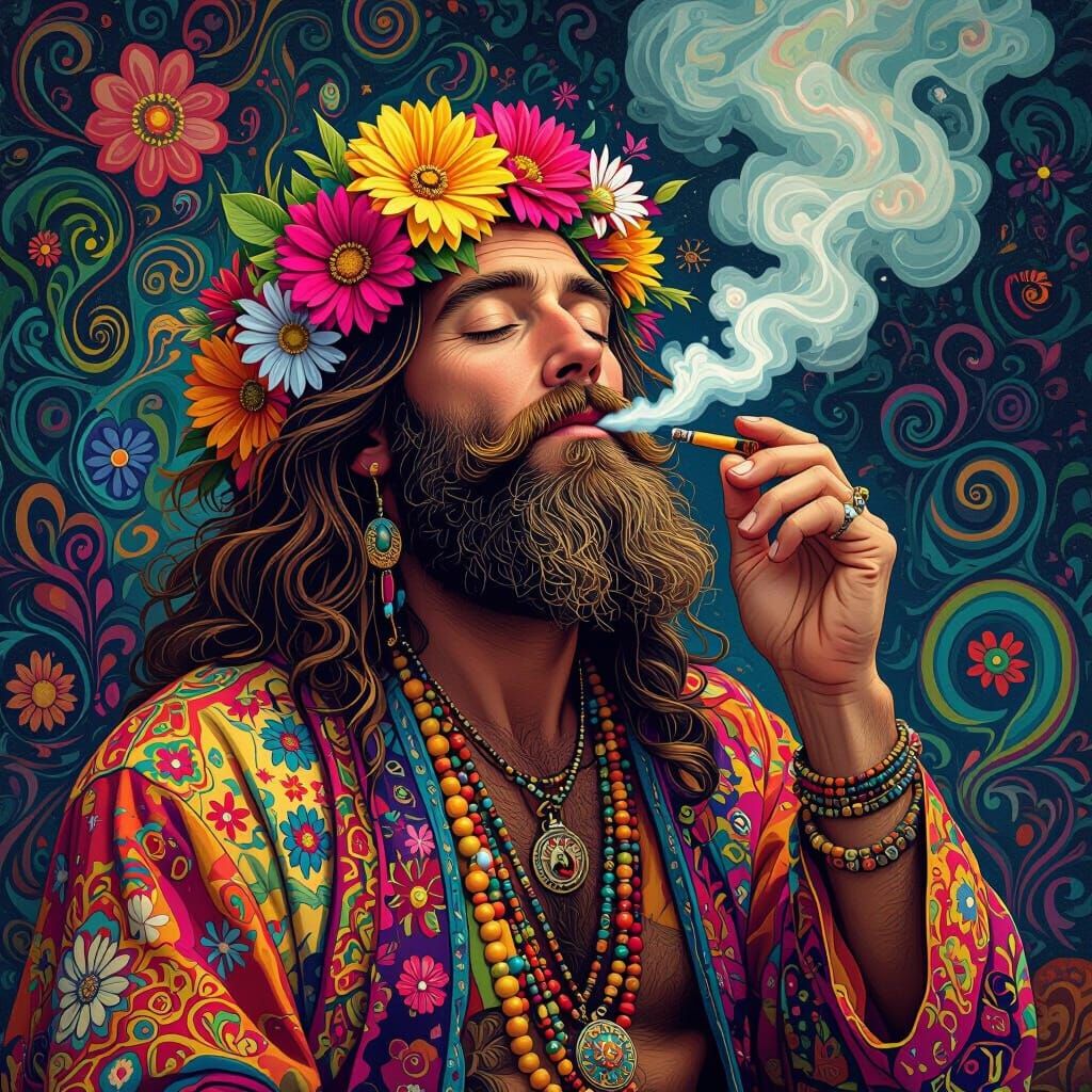 Psychedelic Hippie Man Smoking Mushroom Joint