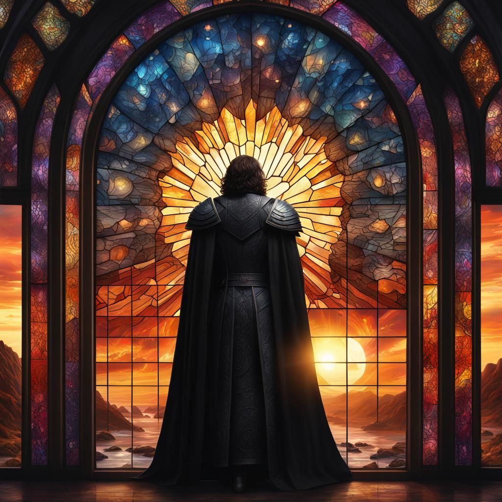 Angelic Black-Winged Figure in Stained-Glass Doorway