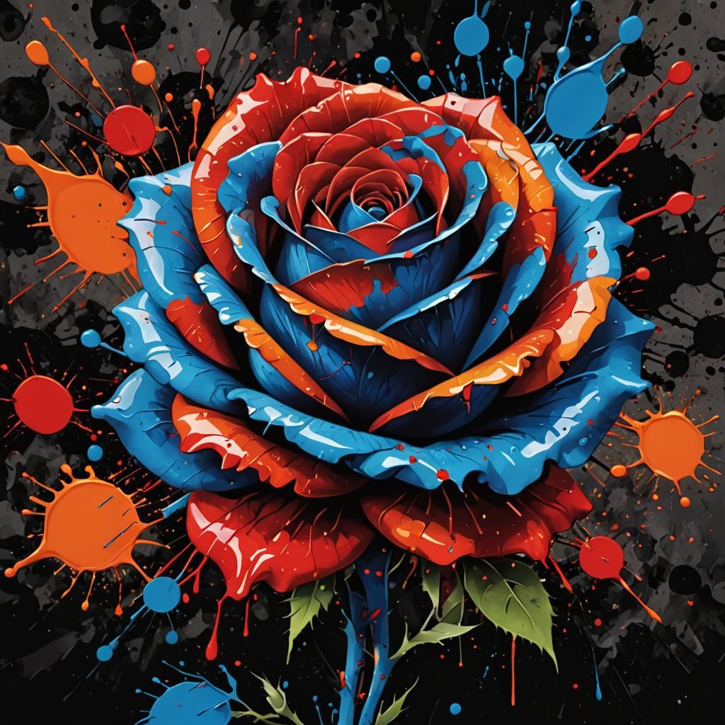 Blue and Red Rose with Abstract Paint Splatters