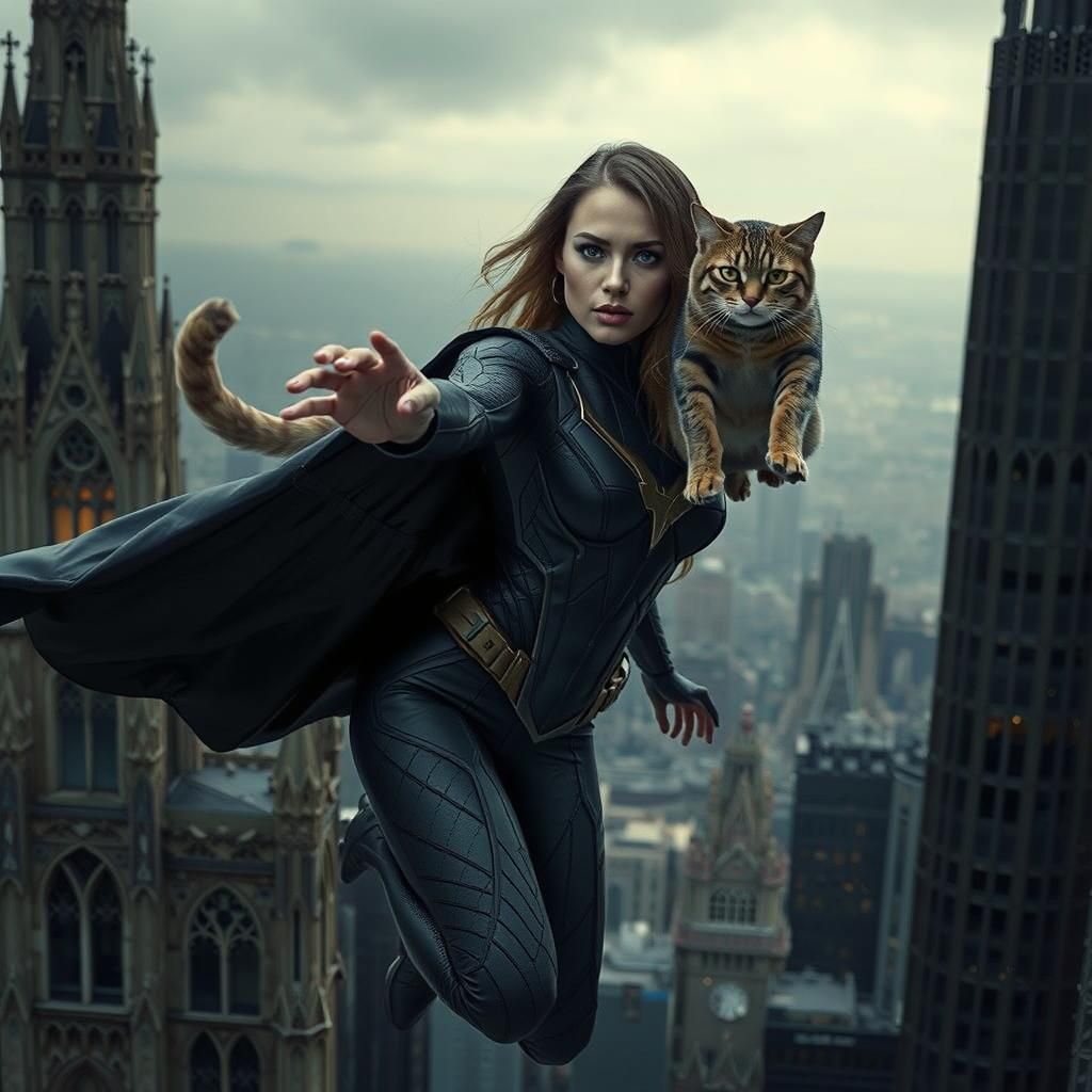 Superhero Supermodel Saves Cat in Neo-Gothic Cityscape