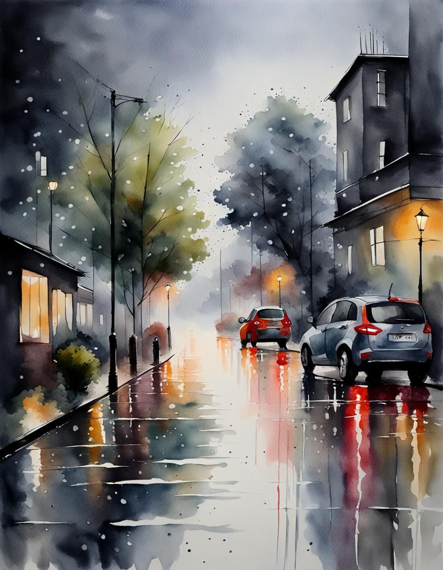 Gloomy Watercolour Painting: Rain-Streaked Art