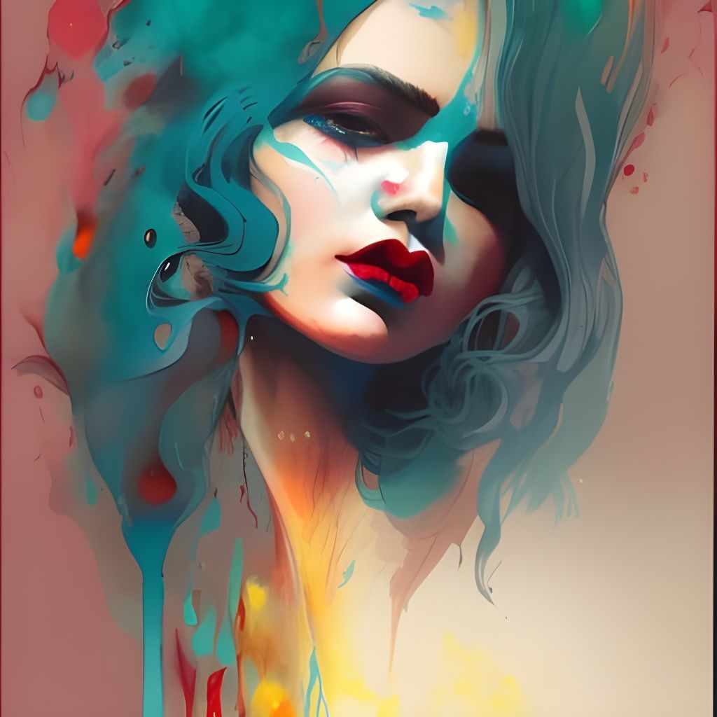 Teal-Haired Beauty in Fluid Gouache Painting