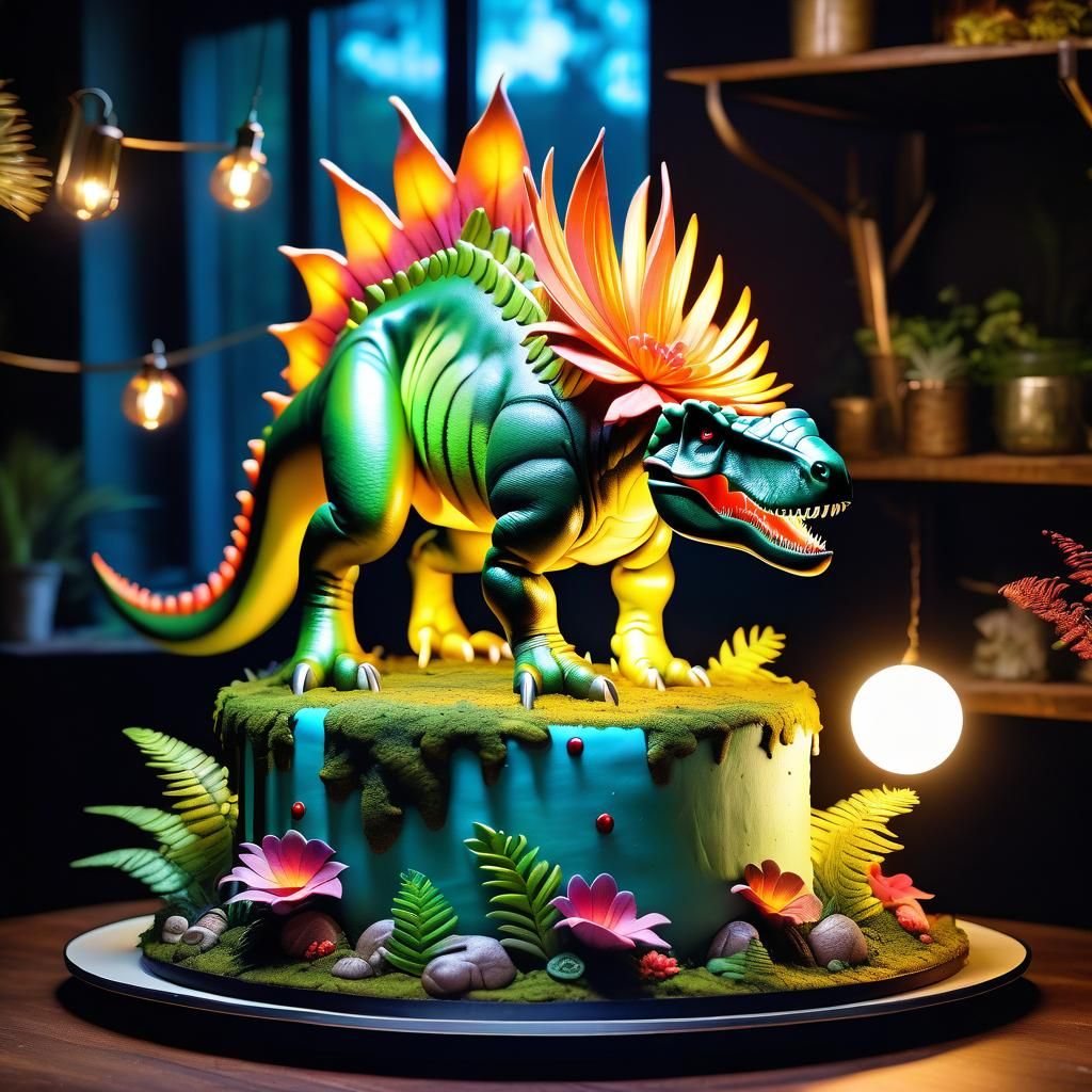 Bioluminescent Dino Cake Sculpture in Fantasy Forest