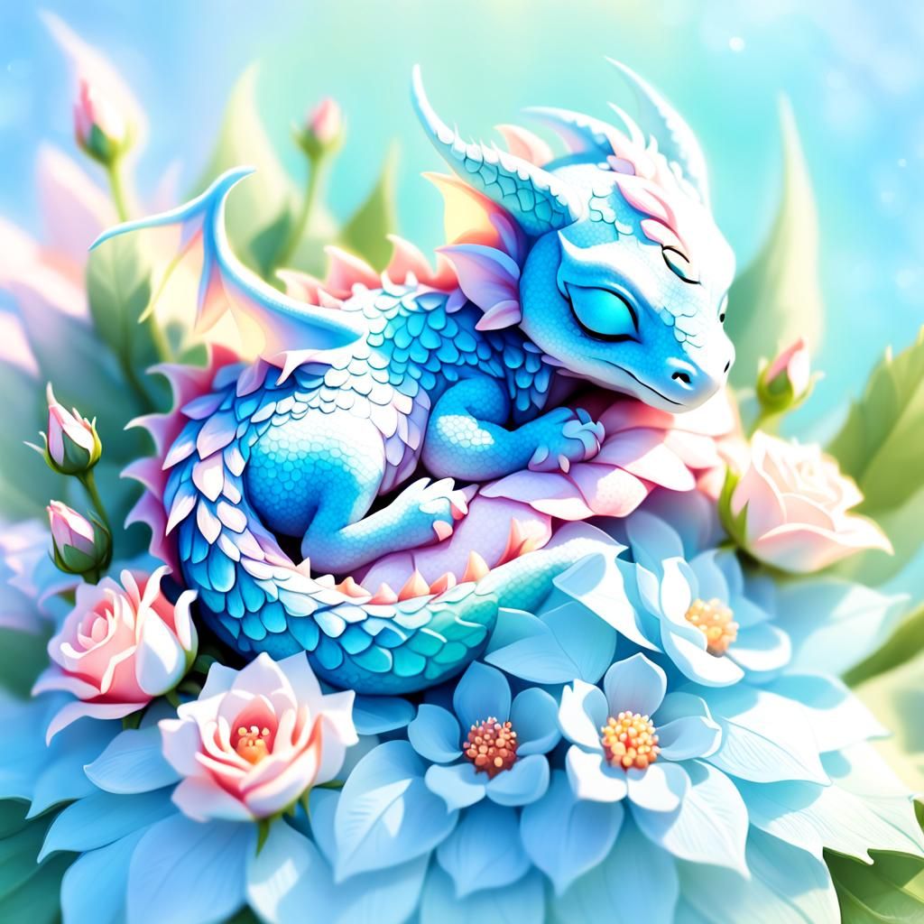 Rose Dragon Sleeping in Blue Flower: Digital Art
