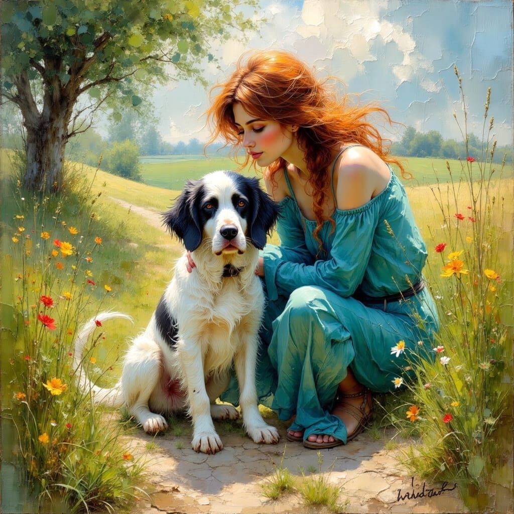 Woman with Setter in Lush Countryside as Impasto Painting
