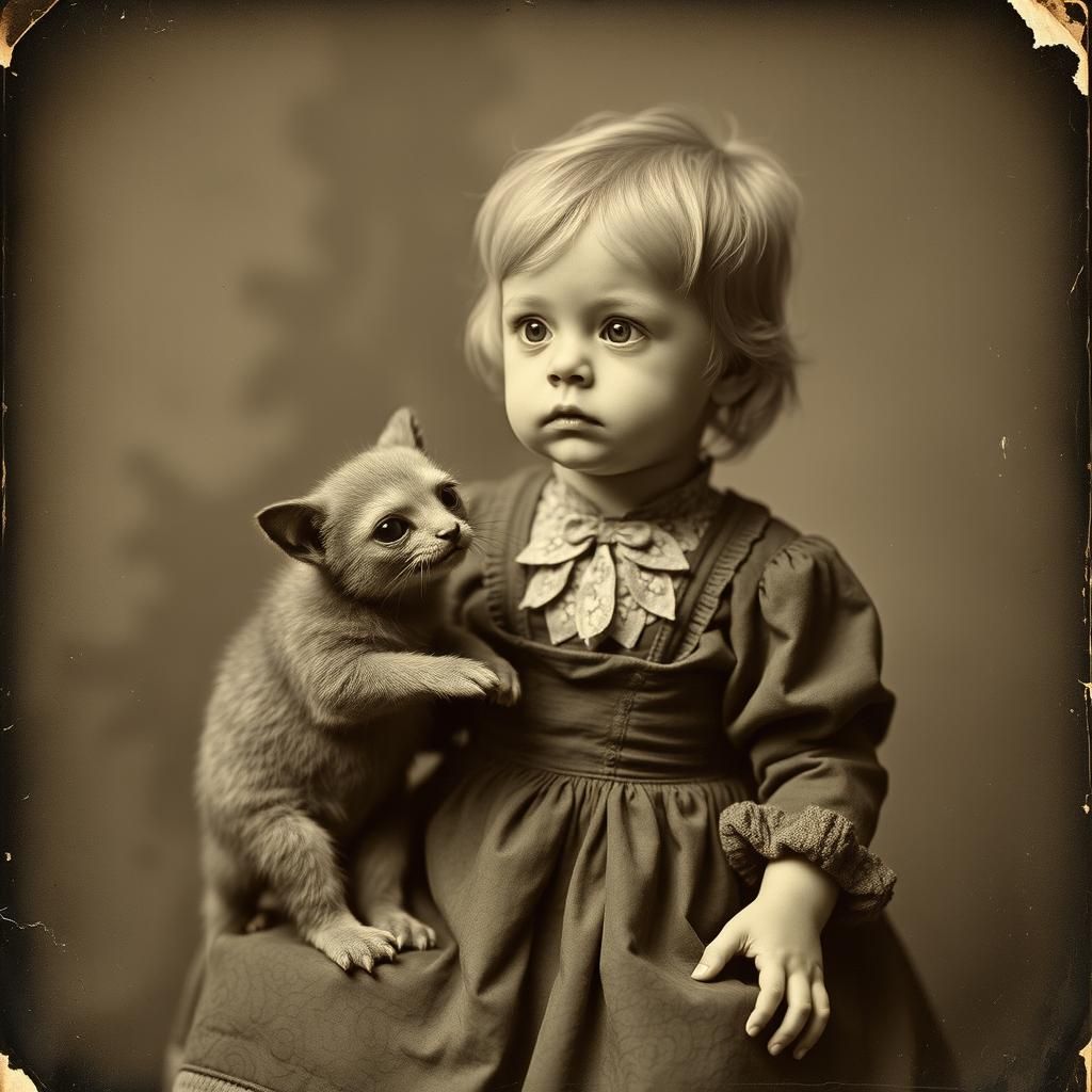 Emma Stone Toddler with Pet in Sepia Daguerreotype