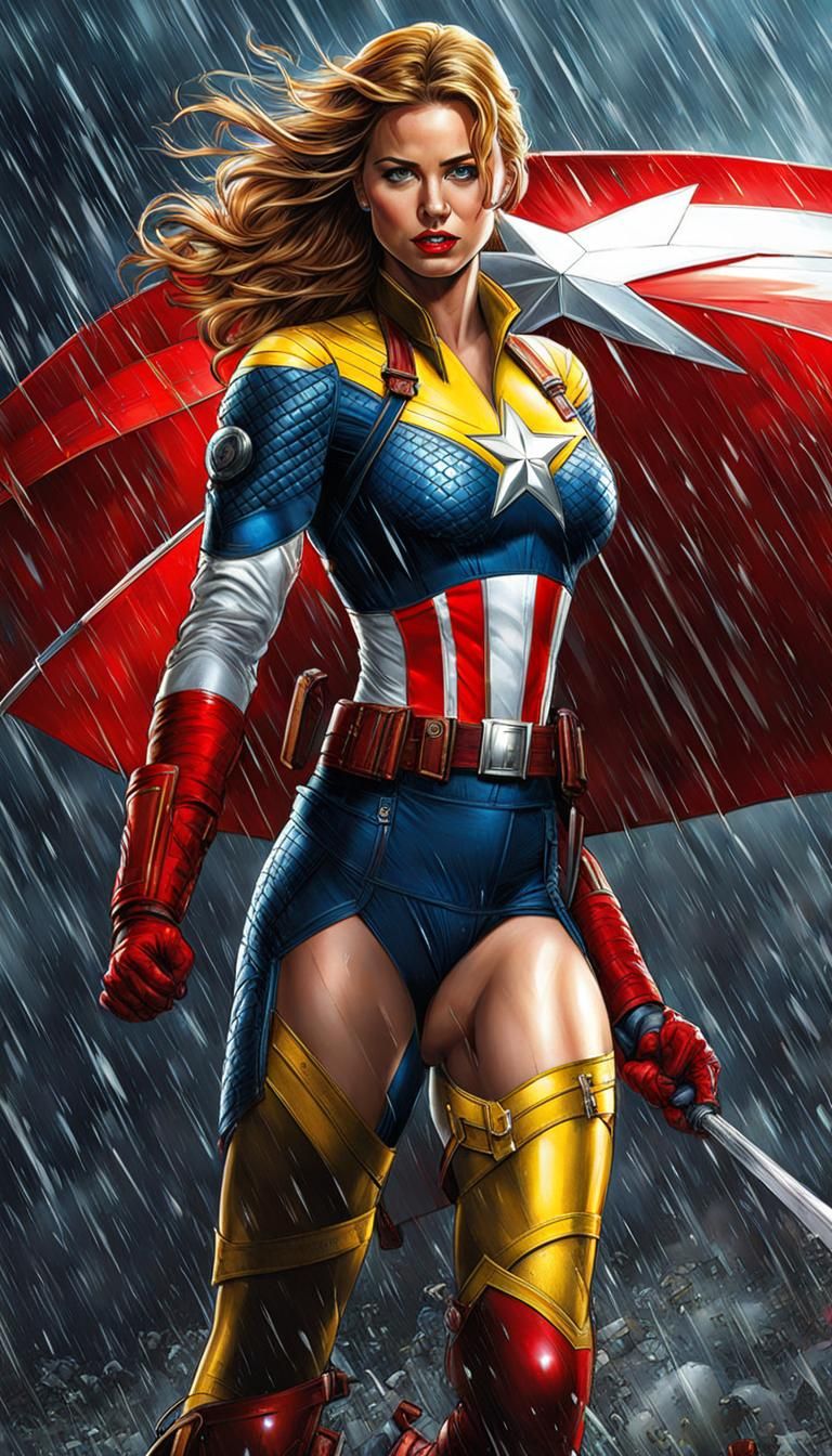 Female Captain America in the Rain, UHD Armor