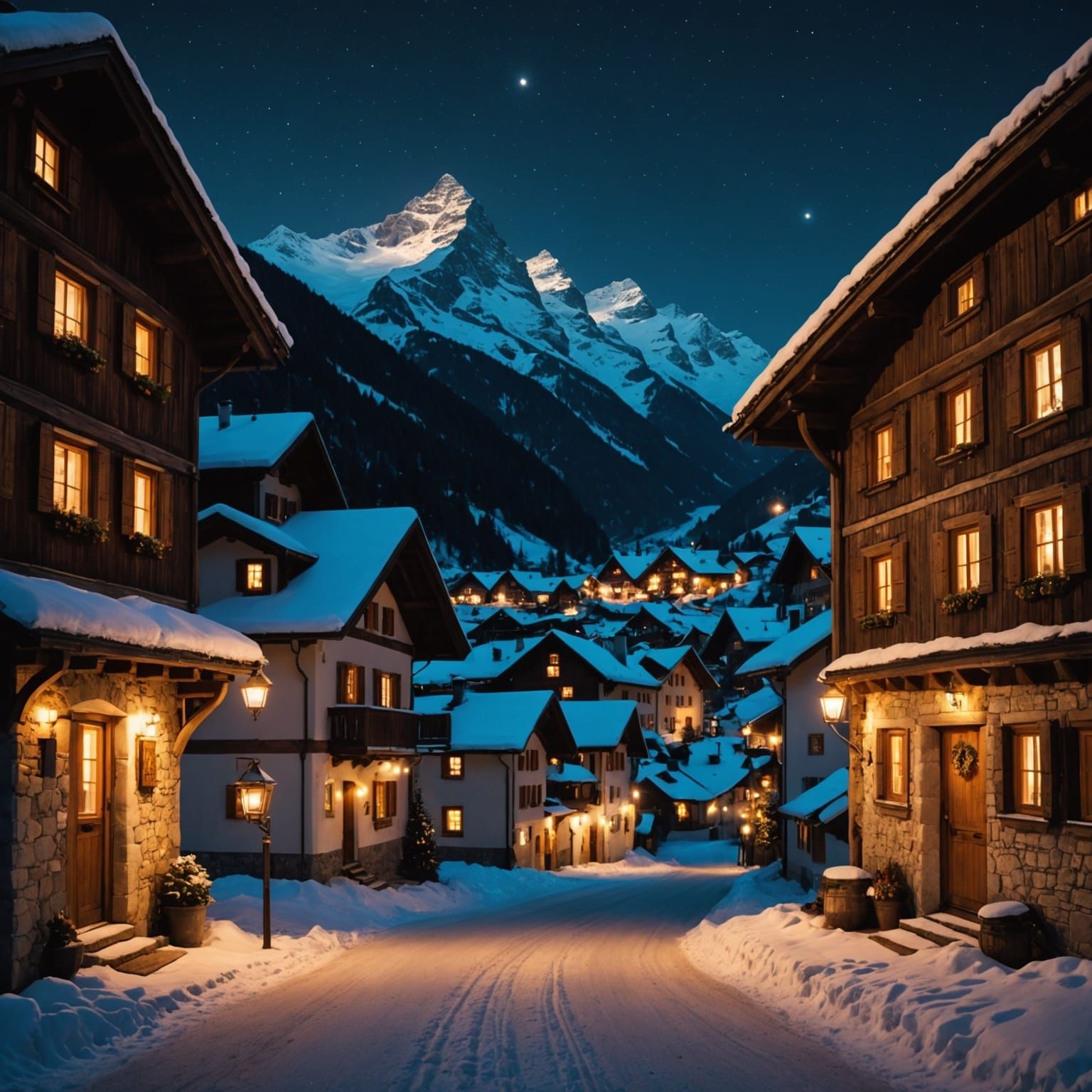 Cozy Alpine Village Under Starry Night Sky