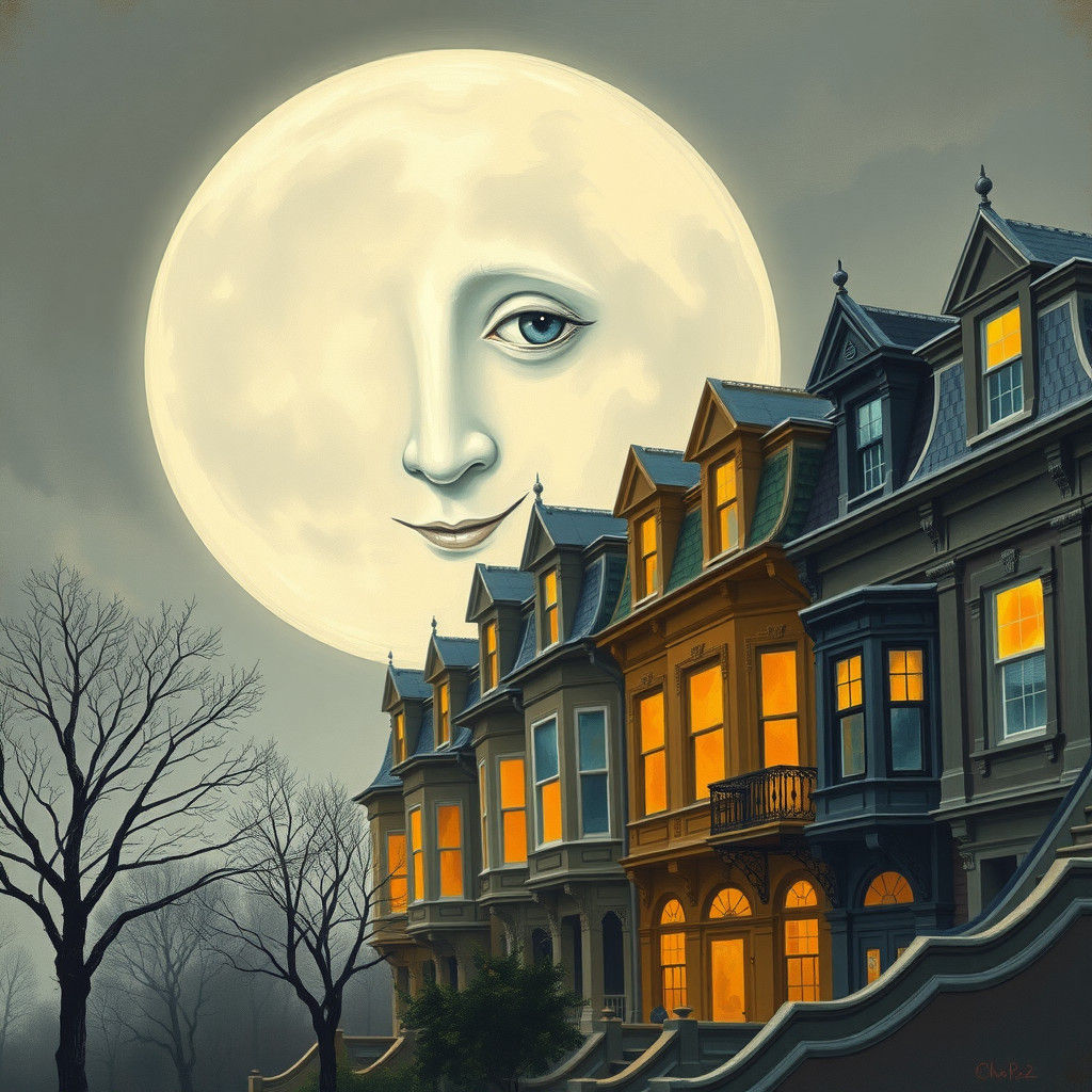 Moon Face Watches Victorian Townhouses: Expressionist Art
