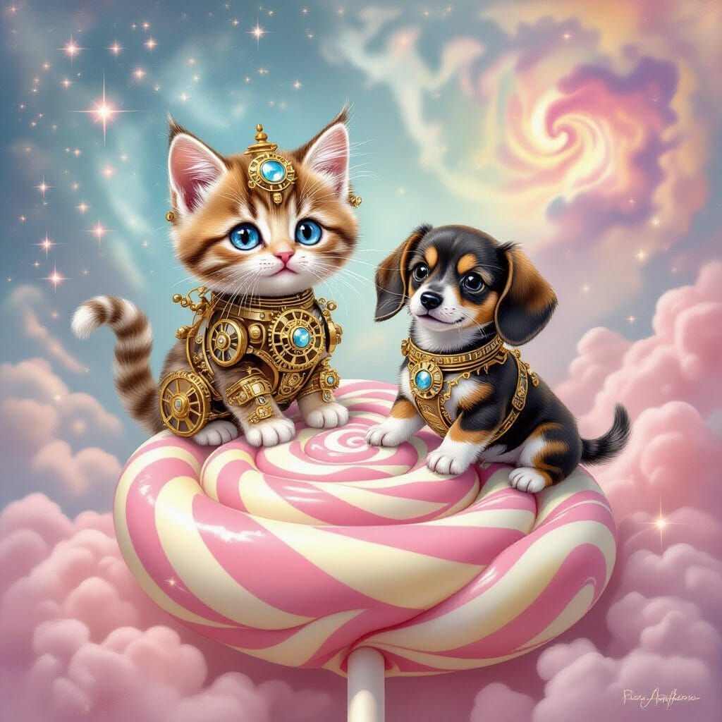 Clockwork Kitten & Dachshund on Lollipop in Nebula
