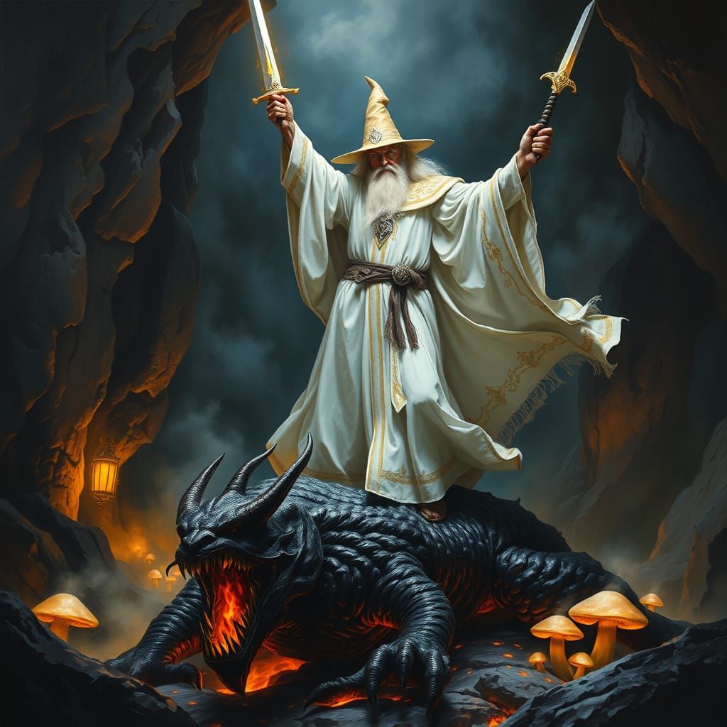 Gandalf Standing Atop the Mortally Wounded Balrog, Awaiting the Coup-de-Grace.