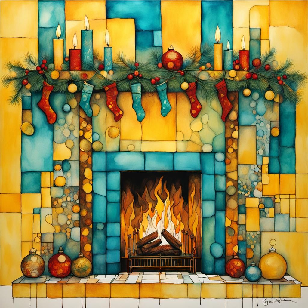 Festive Christmas Fireplace: An Organic Line Drawing