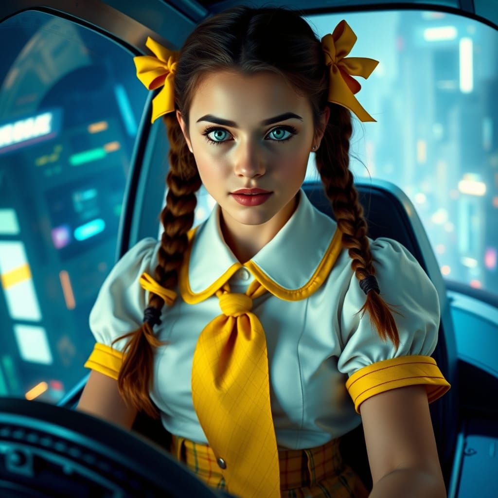 Cyberpunk Schoolgirl Pilot in a Futuristic Cityscape