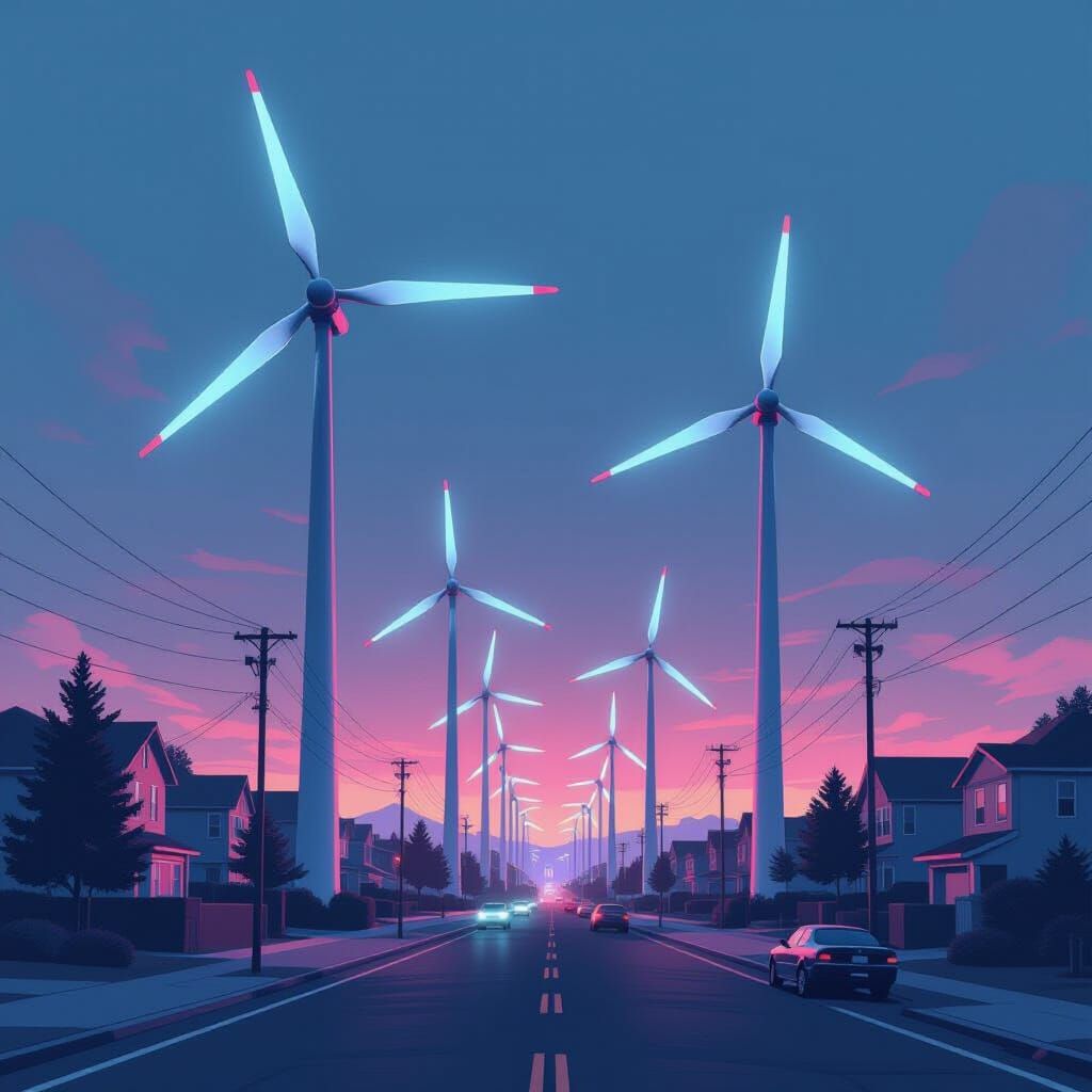 Synthwave Wind Turbines on Suburban Street