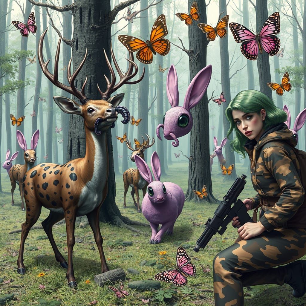 Mutated deer with black spots + forest of mutated rabbits with black tentacle face + pink camouflage hunter crying + gre...
