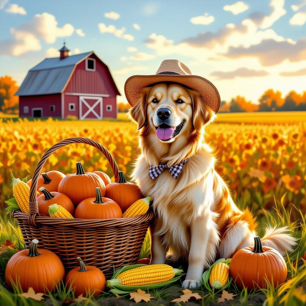 Golden Retriever in Farmer's Hat with Autumn Harvest