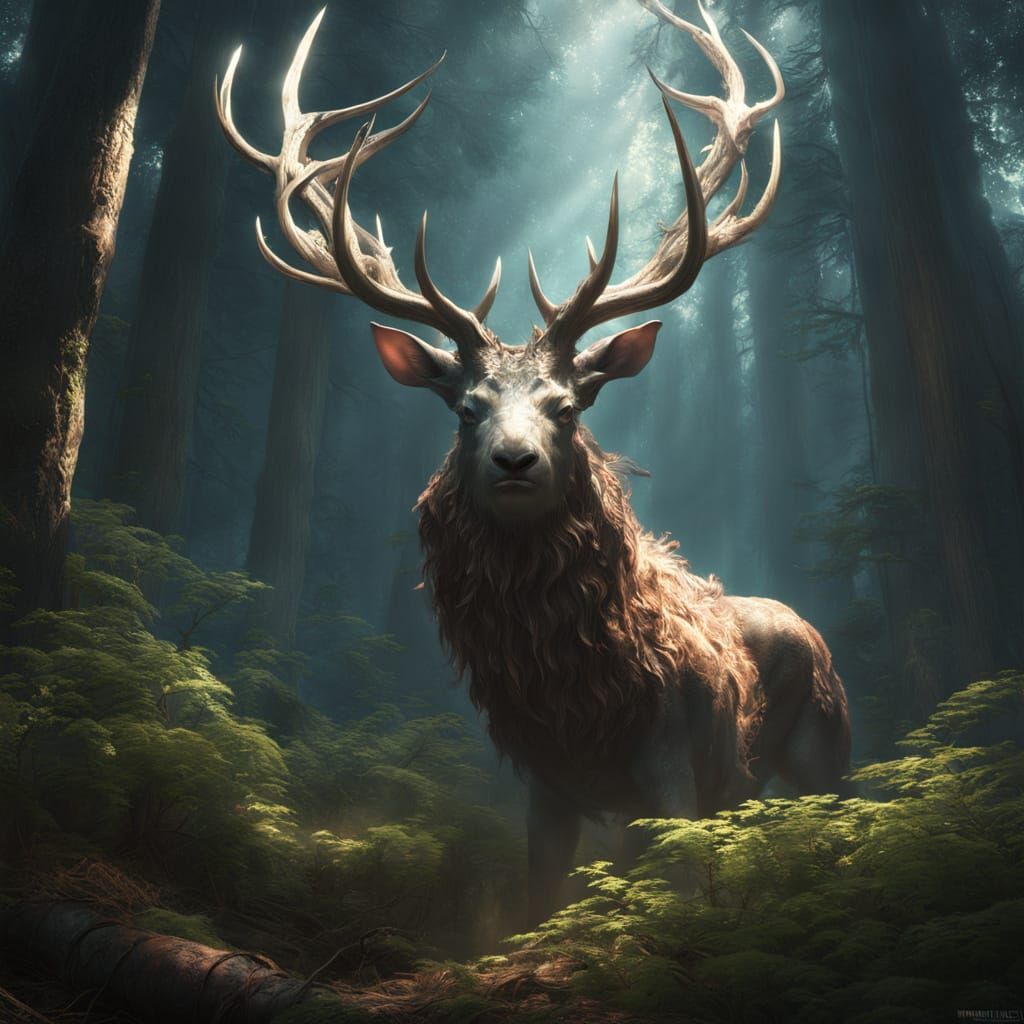 Surreal Wendigo Emerges from Eldritch Forest under Golden Go...