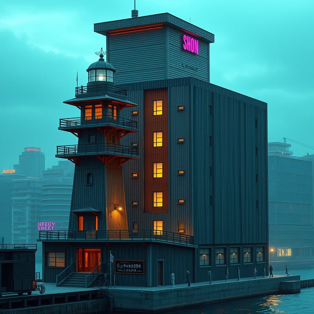 Cyberpunk Lighthouse Amidst the City's Bustle