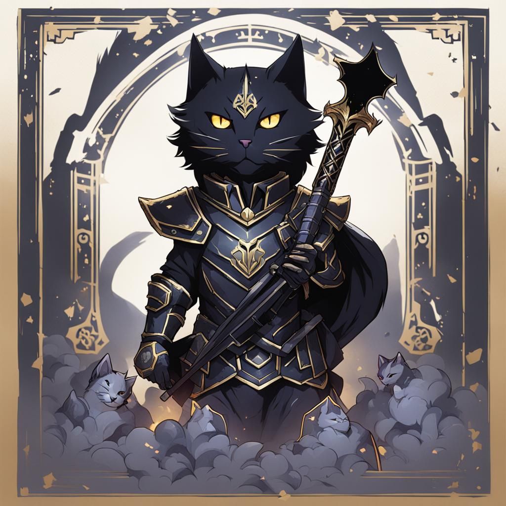 A cat with a shadow knight's armor like "solo leveling" looking like the shadow monarch