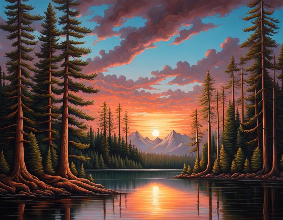Tranquil Wilderness Scene at Sunset: Realistic Painting