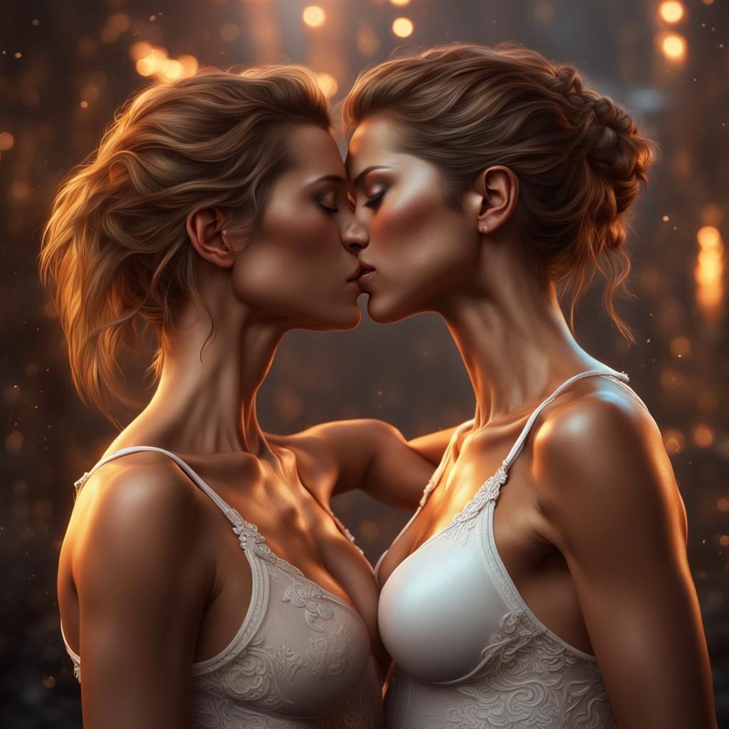 Two Women Kissing in Detailed Matte Painting Style