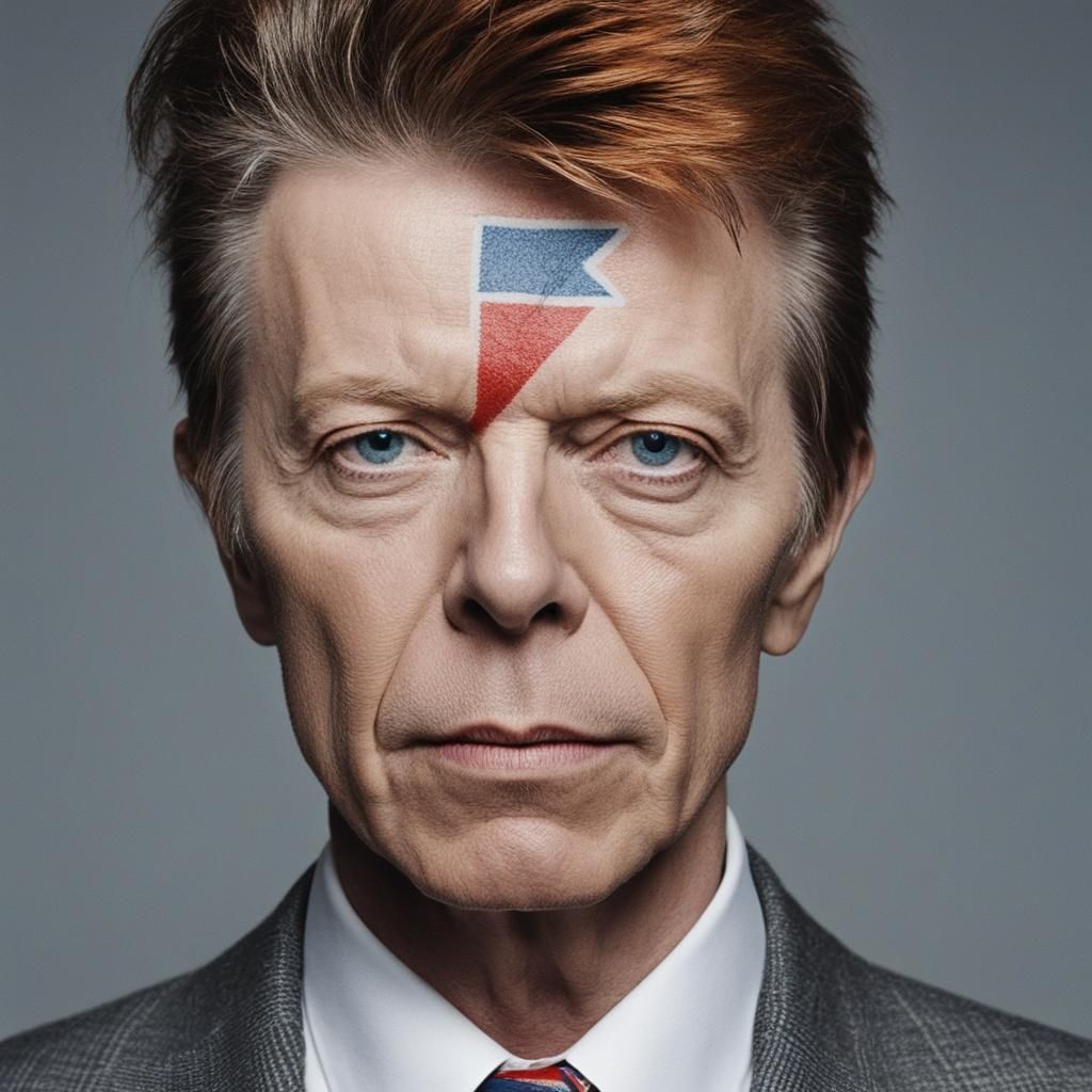 David Bowie wearing a gray suit, white shirt and with a Unio...