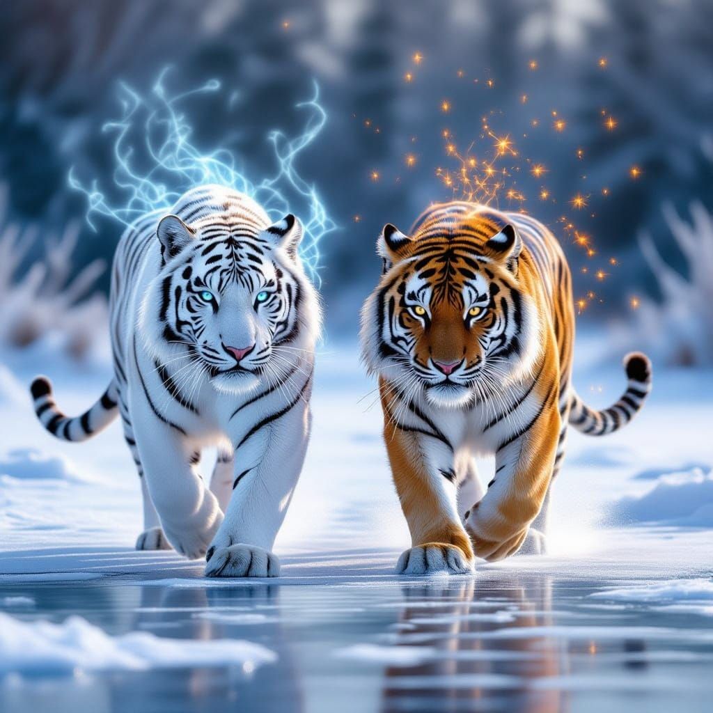 Ethereal Tigers Glowing on Frozen Lake