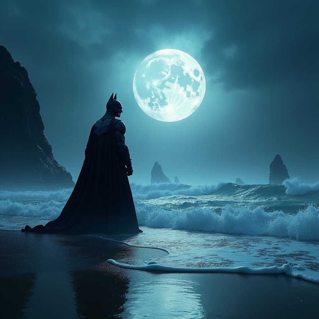 Heroic Dark Knight on Moonlit Beach