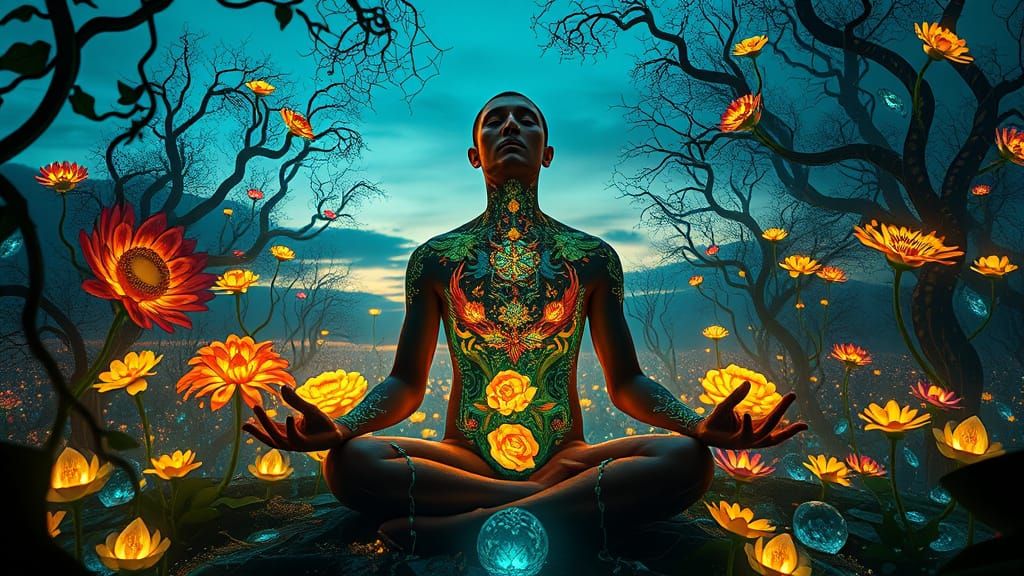 Mystical Man Meditating in Surreal Light Labyrinth