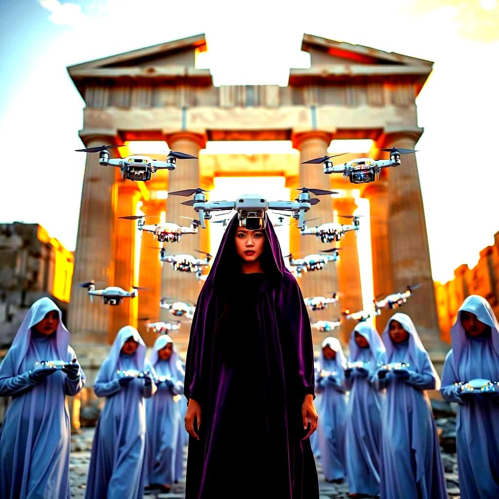 Ethereal Purple Figure Surrounded by Drone Lights in Ancient...