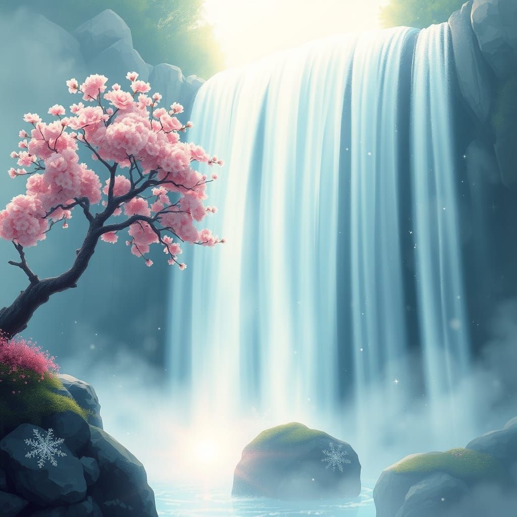 Sparkling Waterfall with Cherry Blossoms, Dreamy Digital Art