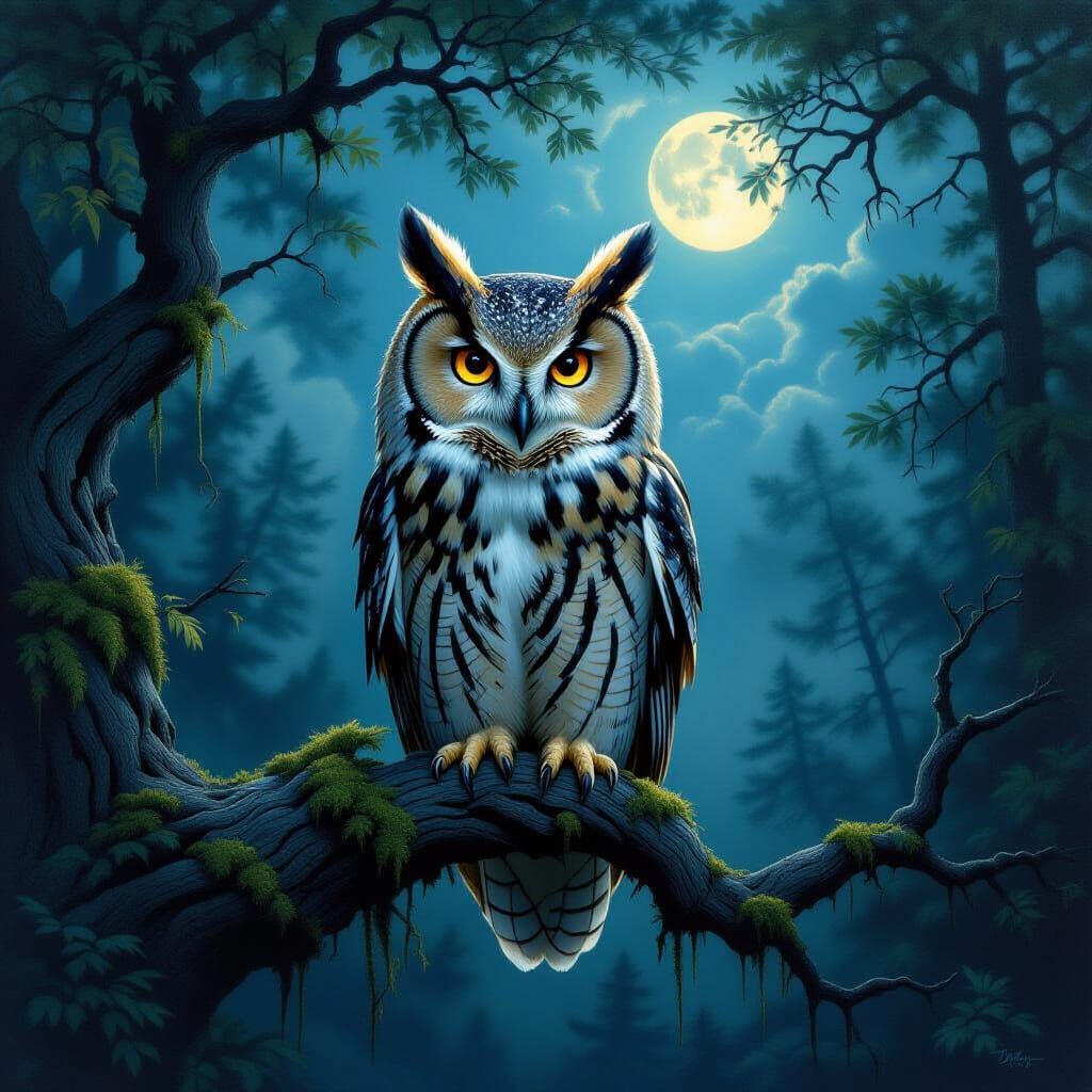 Majestic Owl in Moonlit Forest Oil Painting