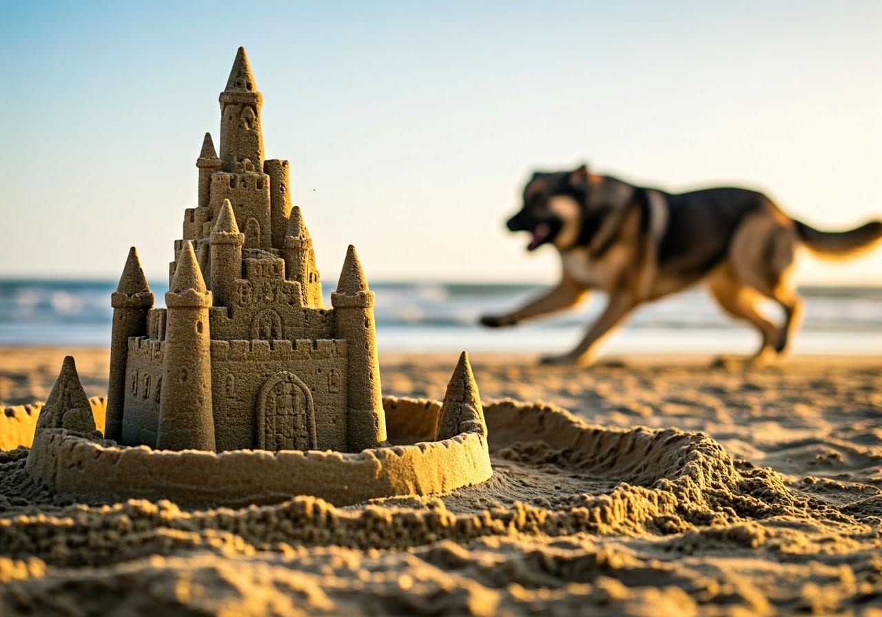 Dog About to Destroy Sandcastle, Candid Photography