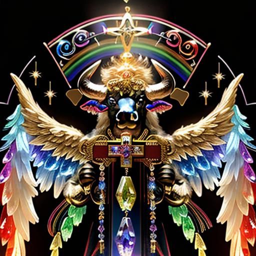 Angelic Bull with Rainbow Fire and Angel Wings