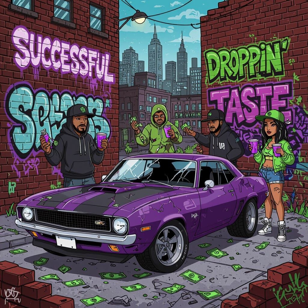 Gritty Urban Block Scene in Cartoon Graffiti Style