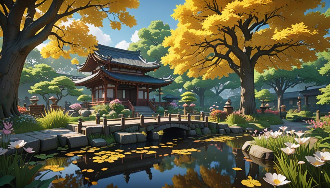 Ginkgo Garden: 3D Anime Art in Misty Light