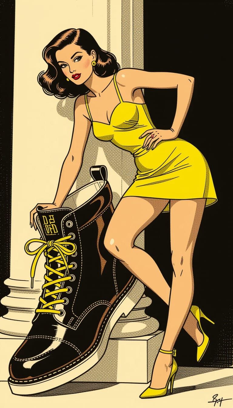 Woman in Yellow Dress Leaning on Polo Shoe Fashion Sketch