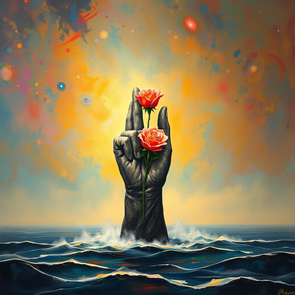 Stone Hand Grasping Rose in Abstract Expressionism
